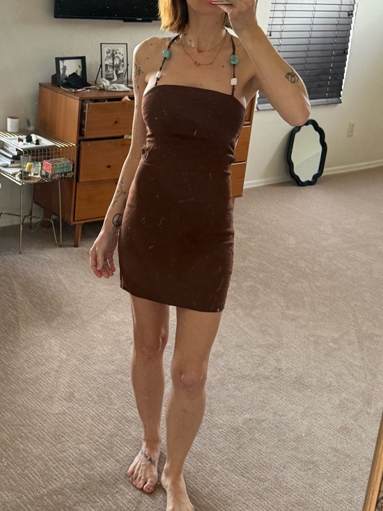 Zara Dresses & Skirts - Linen Blend Zara Brown Mini Dress with Beaded Faux Stone Straps & Open Back
